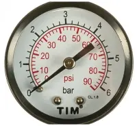 Манометр аксиальный 0-6 бар d.50мм (металлич.корпус+стекло, присоед.латунь 1/4"нар.)